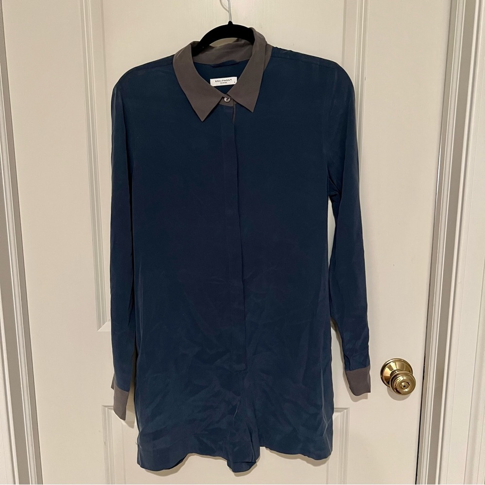 Equipment Navy Blue Button-Down Romper with grey Collar